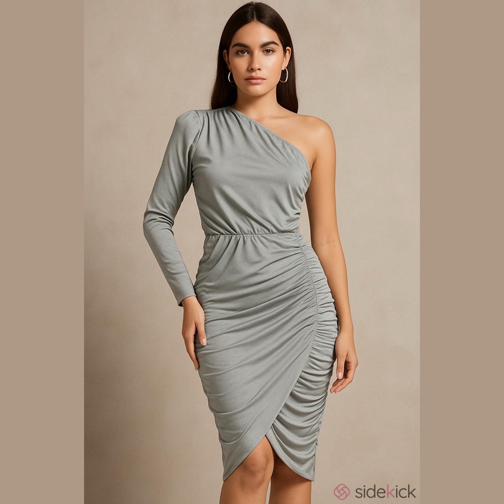 Bebe One Shoulder Silver Ruched Mini Dress Y2K